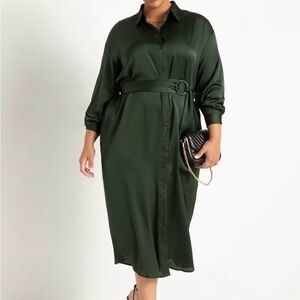 Eloquii Forest Green Long Sleeve Belted Longer Silky Shirt Dress-Size 16